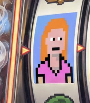 A pixelated portrait of a woman with orange hair and a pink top appears on what looks like a digital display or slot machine interface, referencing Beeple's "Everydays" NFT collection mentioned in the post's tally of over 235 pieces.
