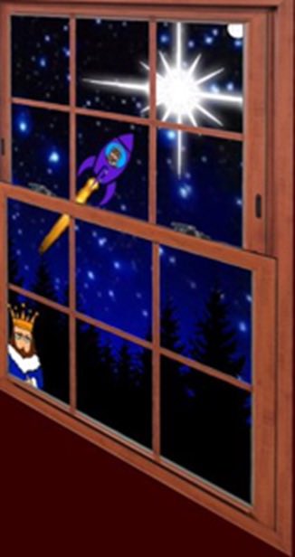 The image depicts a childlike, pixel-art style scene showing a rocket ship flying through a starry night sky with a bright star, all viewed through a window with a person wearing a crown peeking through. The whimsical space scene complements the "Stellar to the moon" caption, evoking a playful, dreamscape-like vision of space travel that mirrors the excitement of a cryptocurrency or stock skyrocketing to the moon.