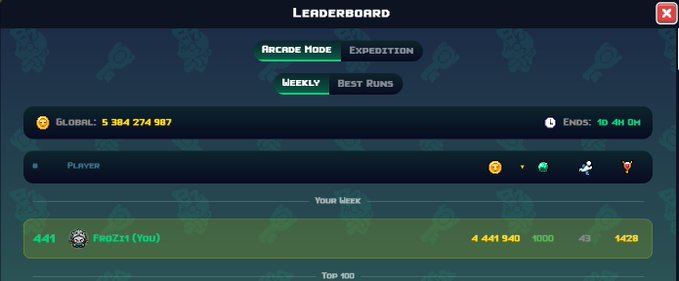Cult of the Lamb game leaderboard showing the player 'FRAGzit (You)' ranked 441st globally in Arcade Mode with a weekly score of 4,441,940.