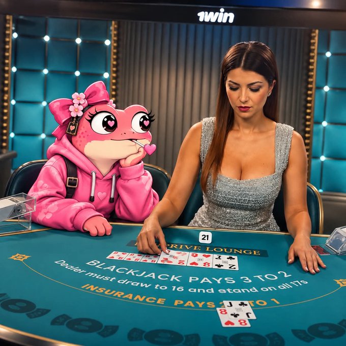 A woman in a sparkly silver dress plays blackjack at a casino table alongside a pink frog-like character wearing a hoodie and bow.
