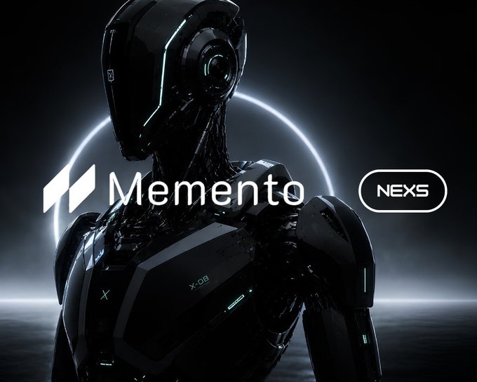 A sleek black robotic figure with glowing accents stands against a dark background with a circular light, branded with the logos 'Memento' and 'NEX5'.