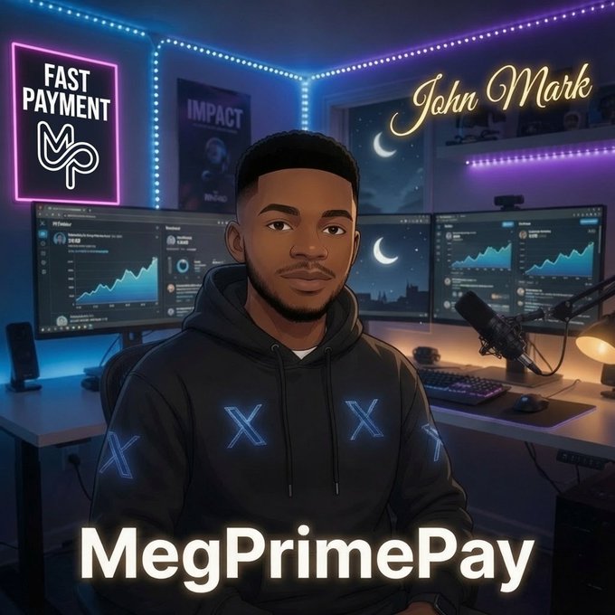 A stylized cartoon portrait of a young man wearing a black "X" hoodie sits in a neon-lit trading setup with dual monitors displaying crypto charts, accompanied by signs reading "FAST PAYMENT" and "John Mark," with "MegPrimePay" branded at the bottom. The image visually reinforces the post's message about MegPrimePay's 30-day crypto-only spending challenge, though it depicts a male avatar rather than Britain Hart as referenced in the caption.