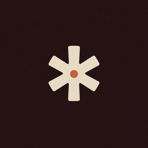 Minimalist graphic showing a cream-colored asterisk symbol with an orange dot in the center, set against a dark brown background.