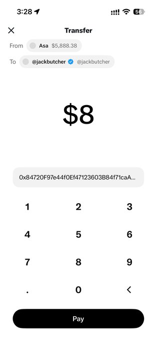 A mobile screen showing a transfer of $8 from an "Asa" account to @jackbutcher's verified account, with a Pay button at the bottom. This illustrates the accompanying post about Jack Butcher's viral money transfer gimmick on X, where users send $8 to his account.