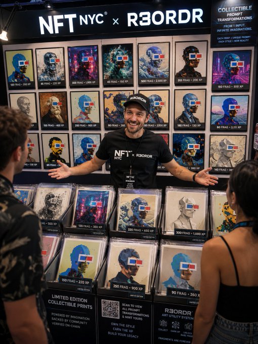 A man wearing a "NFT NYC x R3ORDR" shirt stands enthusiastically with arms outstretched at a booth displaying a wall of colorful portrait NFT prints labeled with "FRAG" pricing (ranging from 90 to 2,300 XP), with promotional signage highlighting "COLLECTIBLE PRINT TRANSFORMATIONS" and "ANTI UTILITY SYSTEM" — perfectly capturing the creative collaboration celebrated in the "NFT NYC x R3ORDR" announcement.