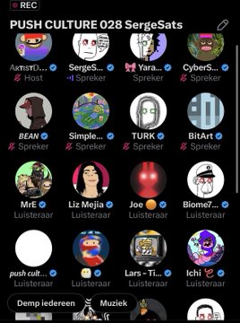 A Twitter Spaces recording page for 'PUSH CULTURE 028 SergeSats' showing multiple speakers and listeners including SergeSats, Yara, CyberS, BEAR, Simple, TURK, BitArt, MrE, Liz Mejia, Joe, Biome7, and others.