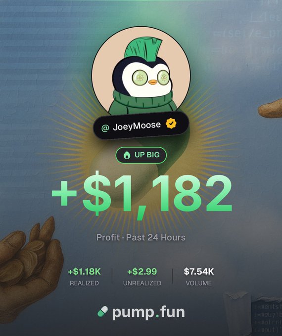 A pump.fun trading dashboard for user "JoeyMoose" displaying a +$1,182 profit over the past 24 hours, with $1.18K realized, $2.99 unrealized, and $7.54K in trading volume. The image showcases the user's first profitable day on the platform, supporting their claim of a successful start in memecoin trading.