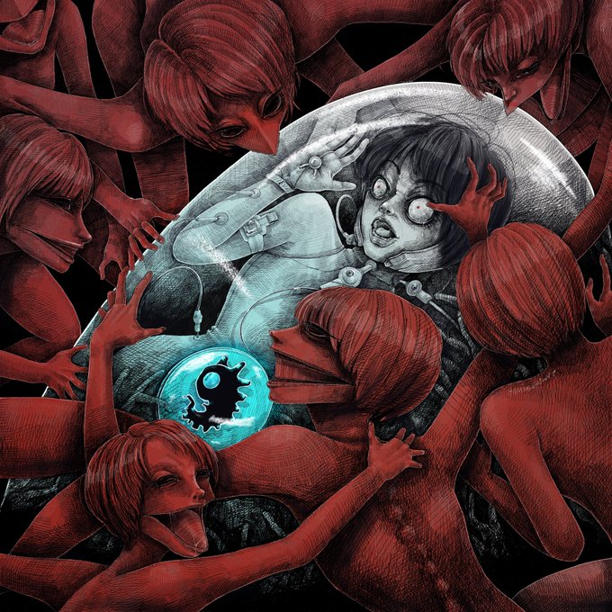 A dark, surreal horror illustration depicting a frightened girl with bulging eyes surrounded by red, faceless humanoid figures reaching toward her, with a glowing blue orb containing a skull silhouette in the center.