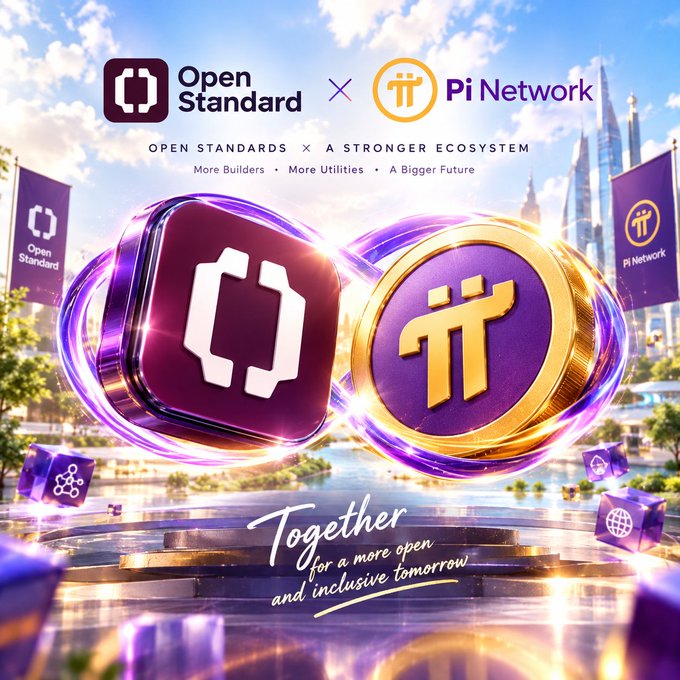 A promotional graphic for a partnership between 'Open Standard' and 'Pi Network' with the text 'OPEN STANDARDS × A STRONGER ECOSYSTEM', 'More Builders • More Utilities • A Bigger Future', and 'Together for a more open and inclusive tomorrow', featuring gold and purple coin-like logos.