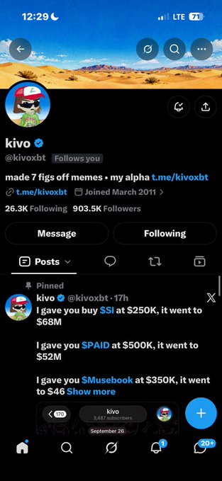 A Twitter/X profile screenshot for verified user "kivo" (@kivoxbt) showing a pinned post about buying tickers ($SI at $250K → $68M, $PAID at $500K → $52M, $Musebook$200K), with 26.3K Following and 3,448 subscribers.