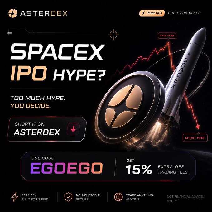 "SpaceX IPO rumors are generating more alpha than most CT accounts lately ... think the market is getting ahead of itself? You can always short the narrative on @AsterDEX NFA. DYOR. asterdex.com/en/referral/EG ...". The image presents a futuristic space theme with a rocket and a satellite depicted, potentially suggesting a speculative scenario surrounding the SpaceX IPO. This image is featured in an advertisement for AsterDex, which promotes the idea of shorting or trading the narrative associated with this speculative IPO.