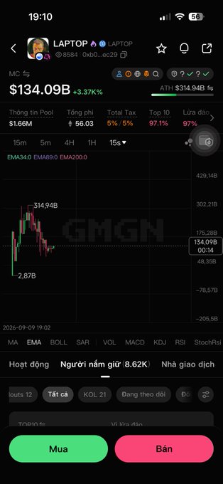 A cryptocurrency trading app displays the price chart for 'LAPTOP' at $134.09B with a +3.37% increase, dated 2026-09-09.