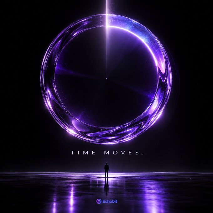 An artistic digital image featuring a small silhouetted figure standing before a massive glowing purple sphere with the text 'TIME MOVES.' and an 'Echobit' logo at the bottom.