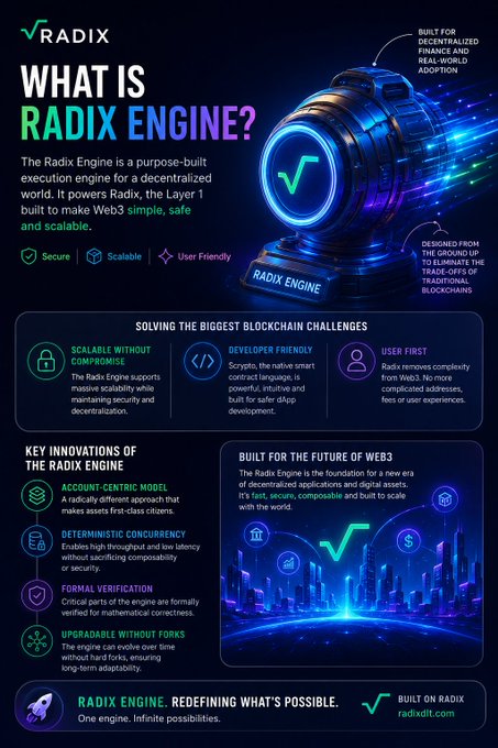 The image features a poster or flyer for Radix Engine, which is an open source software engine designed to help developers build web applications with ease. The poster includes a blue bullet point list that provides information about Radix Engine, such as its purpose, what it does, and how it can be used. The text on the poster also mentions that Radix Engine is built for simplicity and offers features like security, scalability, and ease of use.