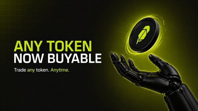 Crypto advertisement with the text 'ANY TOKEN NOW BUYABLE — Trade any token. Anytime.' featuring a robotic hand holding a glowing coin.