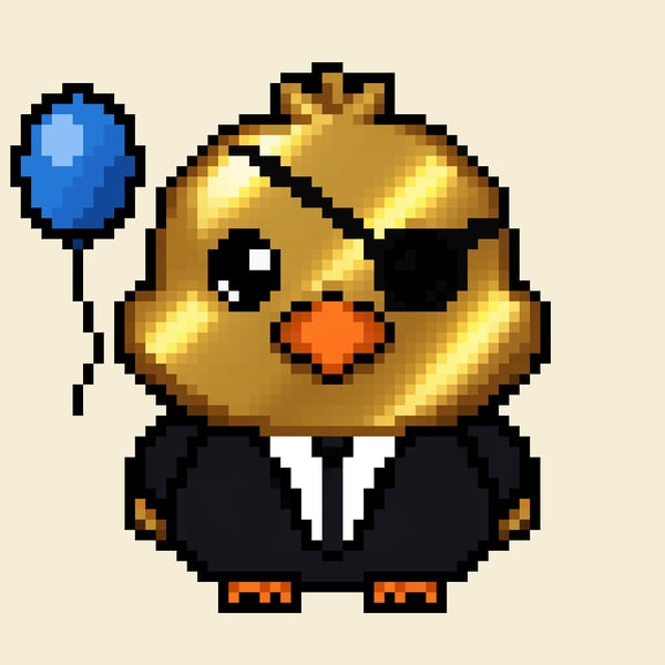 A pixel art illustration of a golden, round character with an eye patch and a small crown, wearing a black suit and holding a blue balloon.