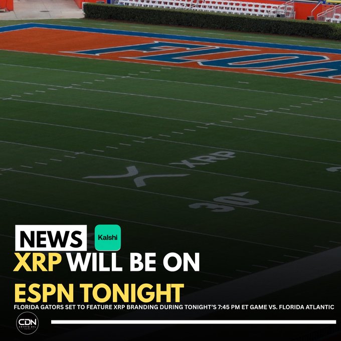 A graphic from "News" announces that XRP will be featured on ESPN tonight, displaying an empty football field with the Florida Gators logo and 30-yard line visible. The overlay text highlights that the Florida Gators vs. Florida Atlantic game at 7:45 PM ET will showcase XRP branding, connecting the cryptocurrency to a major college football broadcast.
