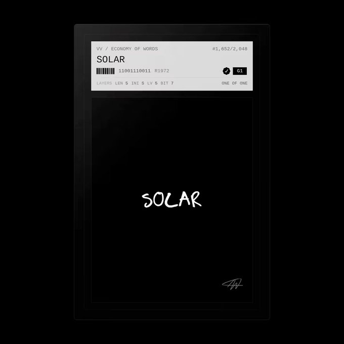 A minimalist black-and-white NFT-style card displays "SOLAR" in handwritten white text, labeled as #1,652/2,048 from the "Economy of Words" series, with technical details including "LAYERS LEN 5 INI S LV 5 BIT 7," "1100110011 R1972," and "ONE OF ONE," featuring a checkmark and "G1" tag in the upper right corner.