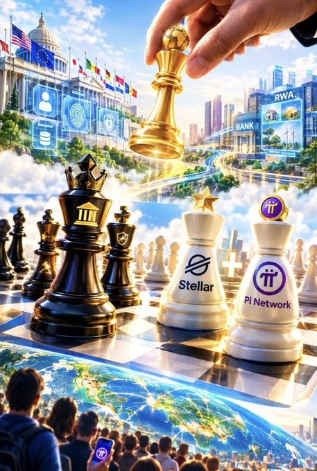 The image shows a hand placing a golden chess king piece on a board featuring branded pieces for "Stellar" and "Pi Network," set against a backdrop of the U.S. Capitol, global landmarks, and a connected globe below. It visually reinforces the post's message about decentralized, censorship-resistant blockchain networks like Stellar and Pi, which position themselves as alternatives to power-hungry Proof-of-Work and stake-driven Proof-of-Stake systems.