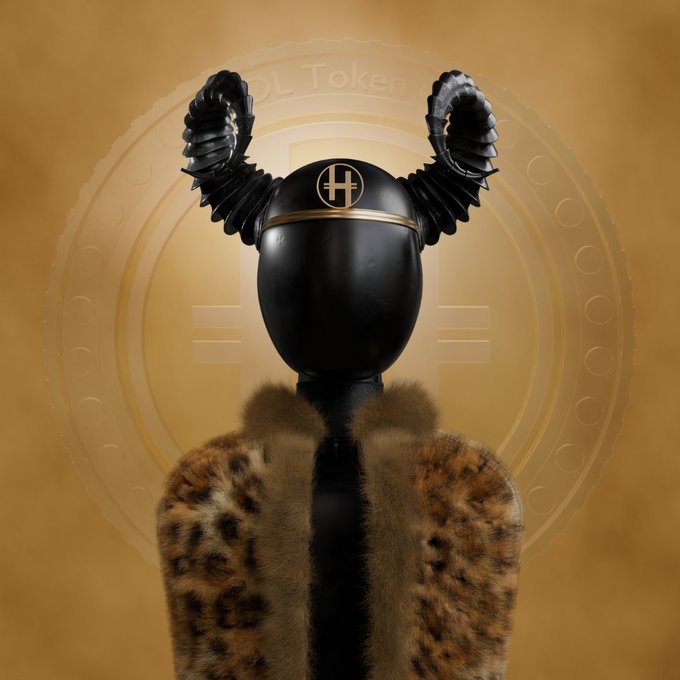 A glossy black faceless mannequin wearing a leopard-print fur coat and elaborate curled horns stands against a golden background featuring a circular emblem that reads "HODL Token" with a stylized "H" logo on its head. The image visually embodies the post's theme of "hodling" rewards, with the golden backdrop and "$HODLE" token branding reinforcing the celebratory +32.9% weekly gain highlighted in the accompanying text.