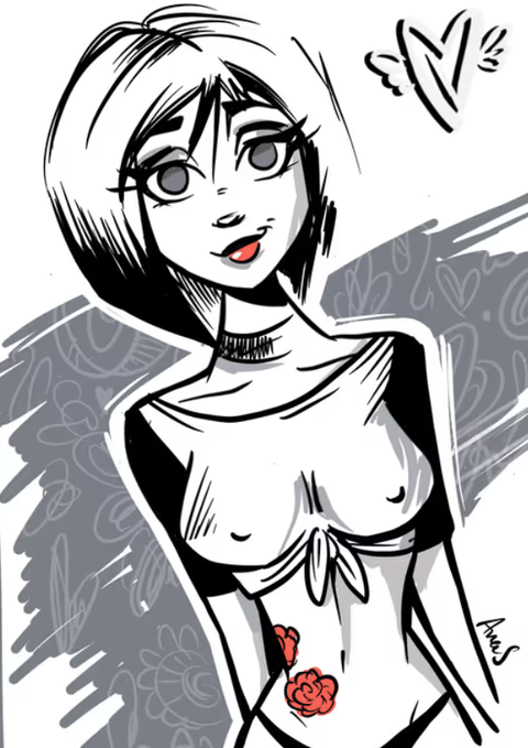 A black and white illustration depicts a woman with short hair and red lips, wearing a tied white top that reveals red roses on her abdomen, with sketched wings and a heart symbol in the background, signed "Anas" in the bottom right corner.