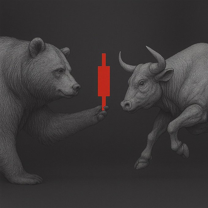 A detailed grayscale illustration of a bear and bull facing each other in a standoff, separated by a bold red candlestick chart on a dark background. The image visually represents the tension between market downturns and recoveries, reinforcing the message that "Red days test conviction."