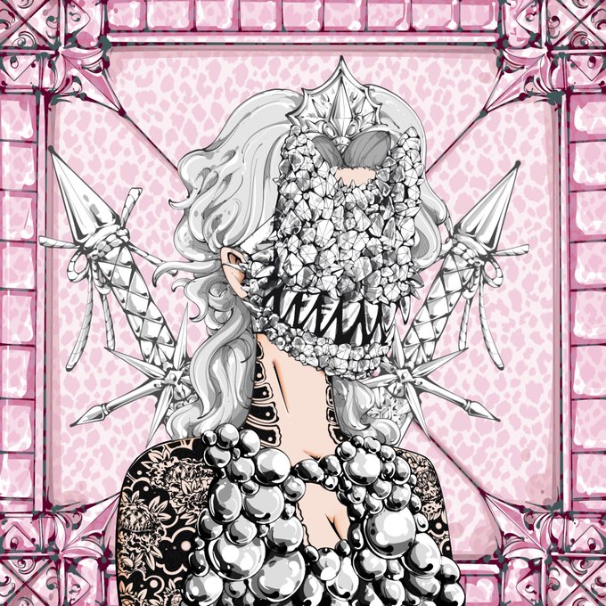 A stylized anime/manga-style illustration of a pale figure with a crystalline face mask, long white hair, a crown, and elaborate beaded and spiked attire against a pink background.
