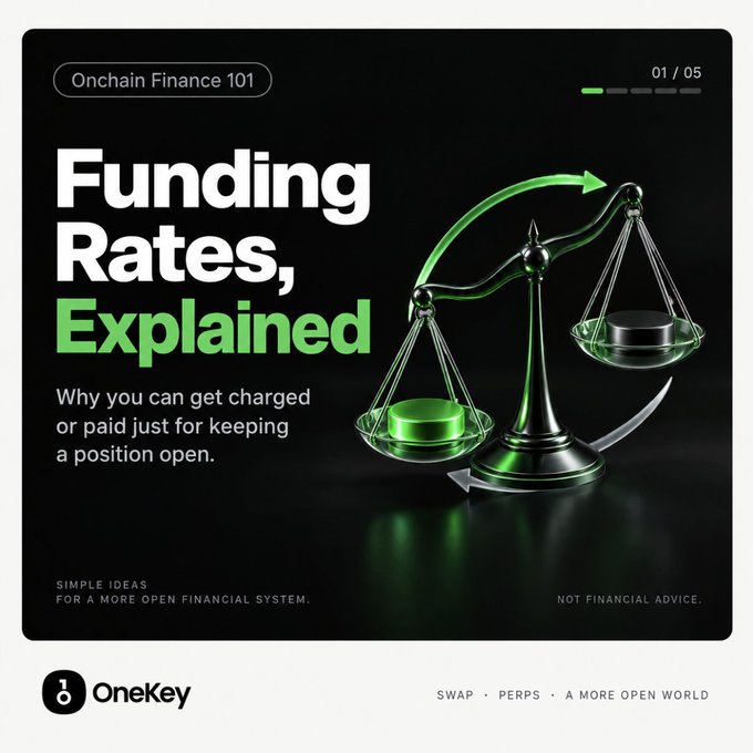 An educational infographic titled 'Funding Rates, Explained' by OneKey (Onchain Finance 101, slide 01/05) explains perpetual futures funding rates with a 3D balance scale graphic.
