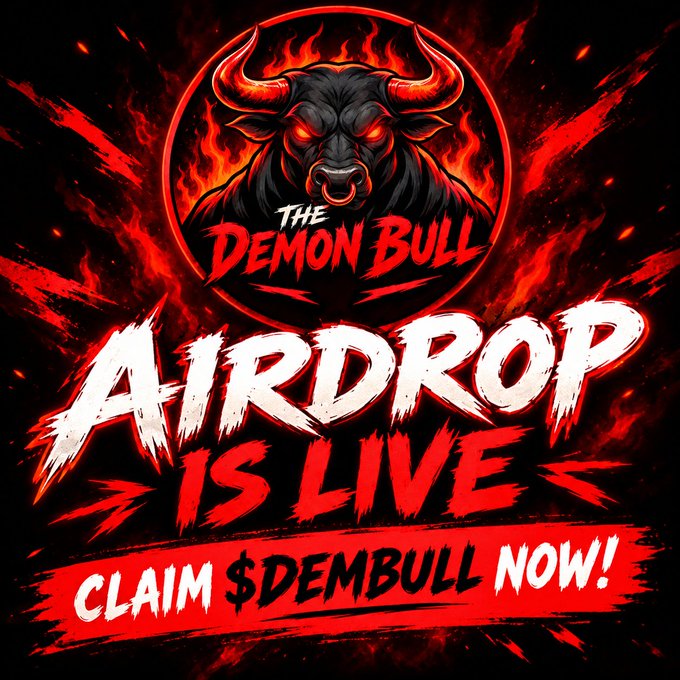 Promotional graphic featuring a fierce bull with red eyes and flaming horns in a circular emblem. Text reads 'THE DEMON BULL AIRDROP IS LIVE - CLAIM $DEMBULL NOW!'