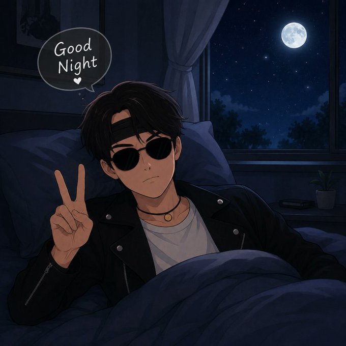 An anime-style illustration of a person wearing sunglasses and a black jacket lying in bed, making a peace sign, with a speech bubble reading 'Good Night' and a full moon visible through the window.