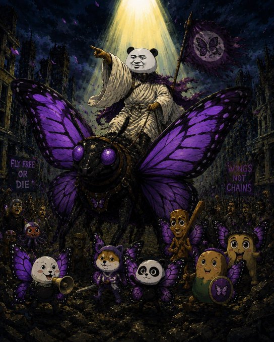 A surreal, dark-fantasy illustration features a humanoid panda with a meme-like face in a white robe, holding a butterfly-banner and riding a giant purple butterfly, leading a legion of small winged creature companions under a spotlight, with protest signs reading "FLY FREE OR DIE" and "WINGS NOT CHAINS."