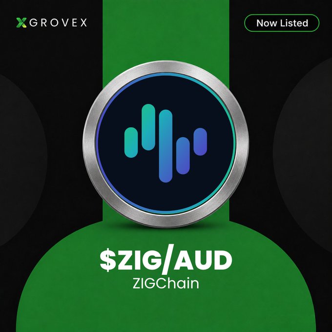 The graphic announces the new listing of the $ZIG/AUD trading pair from ZIGChain on the GroveX exchange, marked with a "Now Listed" badge. The design features a metallic medallion with a blue-green waveform logo, set against a black and green background with the exchange's branding.