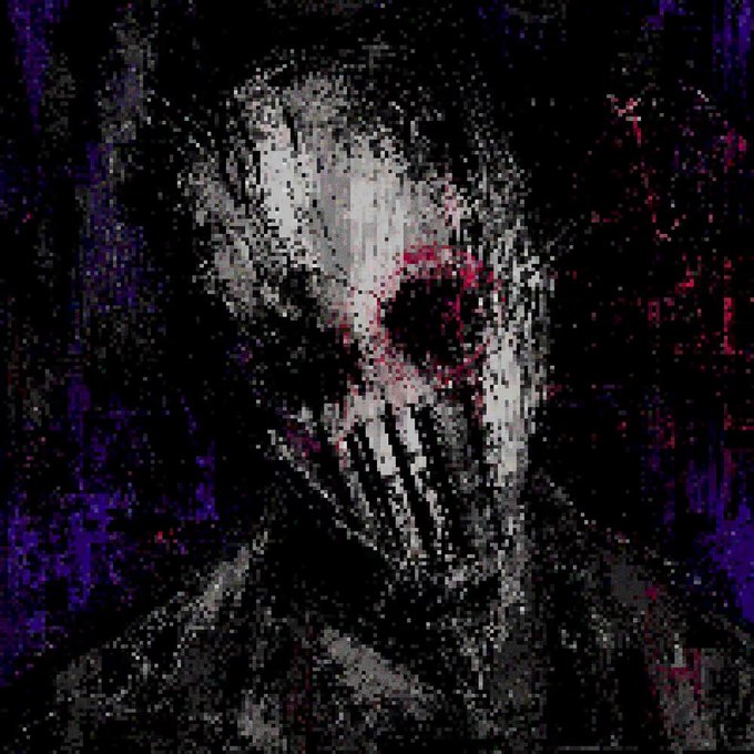 A dark, pixelated horror-style image shows a terrifying figure with glowing red eyes and long, sharp claws against a black and purple background.