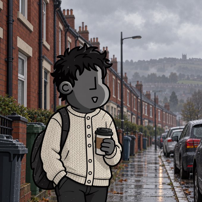 An animated illustration depicts a boy with gray skin, messy black hair, and a cream cardigan carrying a backpack and holding a coffee cup on a wet, brick-lined street.