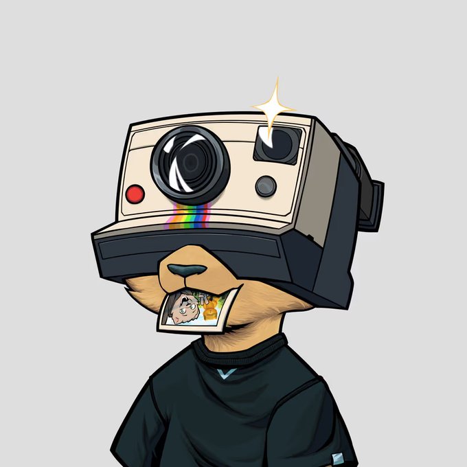 A cartoon character with a Polaroid camera for a head holds a photo in its mouth while a rainbow strip emerges from the camera, visually promoting the "Kabu GRAIL NFT Giveaway" where users can win an NFT by liking the post and recent Kabu posts.