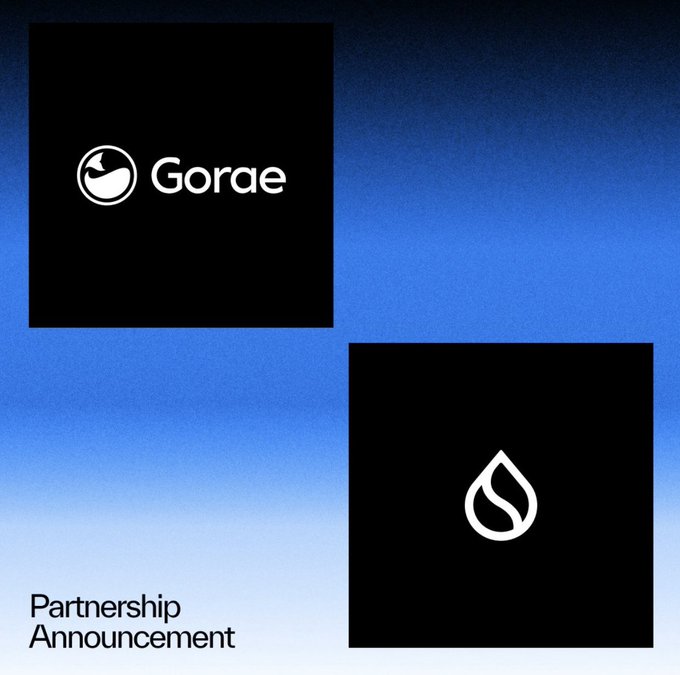 A partnership announcement graphic featuring the Gorae logo alongside the Sui water droplet logo on a blue background, illustrating the collaboration between Gorae Protocol and Sui to connect over 50,000 EV chargers for transparent revenue verification through on-chain settlement.