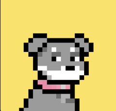 A low-resolution pixel art illustration depicts a gray mouse with a pink nose and red collar against a solid yellow background.
