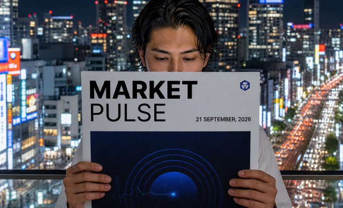 A person holds a newspaper titled 'MARKET PULSE' dated '21 SEPTEMBER, 2026' in front of a brightly lit nighttime cityscape.