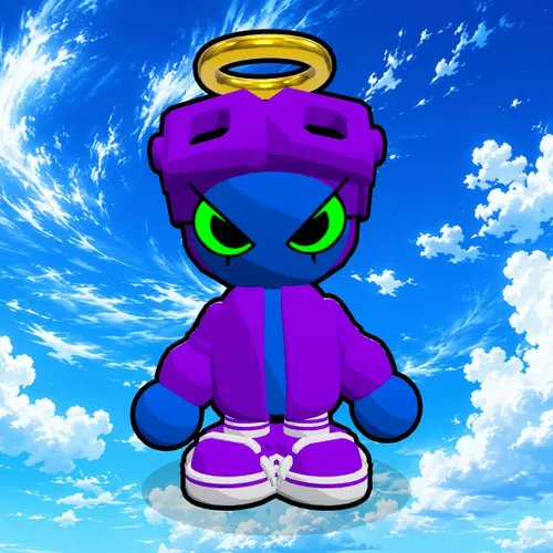 A cartoonish character with blue skin, glowing green eyes, and a purple outfit topped with a golden halo, standing against a bright blue sky with clouds.