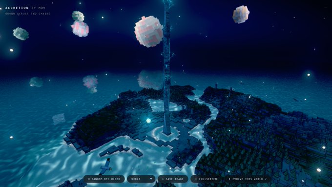 A nighttime pixel art scene shows a tall tower in the center of a fragmented island surrounded by water, with floating cube-like asteroids in the sky. Visible text includes 'ACCRETION BY MOV', 'CHAINS ACROSS THE CHAOS', and interface options like 'RANDOM BTC BLOCK', 'ORBIT', 'SAVE IMAGE', 'FULLSCREEN', and 'EVOLVE THIS WORLD'.