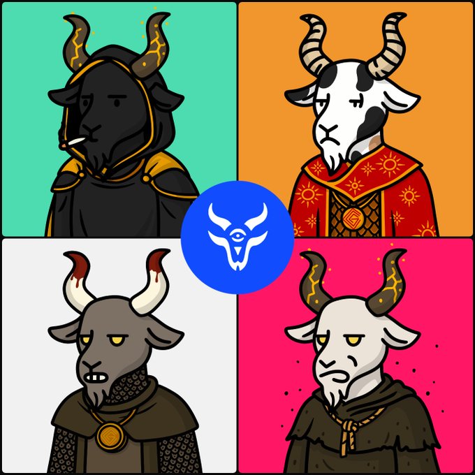 A four-panel cartoon showing horned goat-like characters in different outfits (hooded robes, red ceremonial robes, gray with armor, white with black cloak) on colored backgrounds, with a blue circular emblem featuring a horned skull logo in the center.