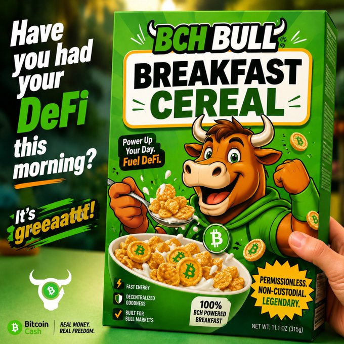 An advertisement for 'BCH BULL BREAKFAST CEREAL,' featuring a cartoon bull mascot holding a spoon of Bitcoin-themed cereal, with text promoting DeFi and phrases like 'Power Up Your Day. Fuel DeFi' and 'PERMISSIONLESS. NON-CUSTODIAL. LEGENDARY.'