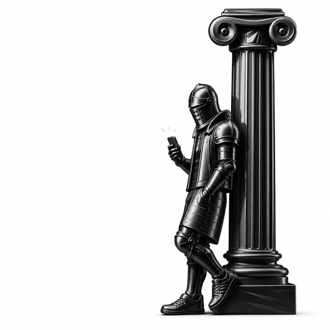 The image features a black knight standing next to a tall column with his back to the viewer. The knight appears to be wearing armor and holding a cell phone in his hand, possibly taking a picture or checking something on his device. The background is plain white, which makes the knight and his armor stand out prominently against it. There are no other objects or people visible in the image, and the focus remains solely on the knight and his interaction with technology.