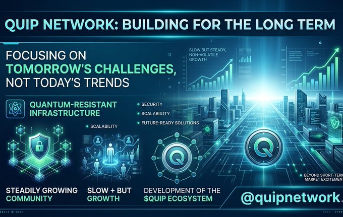 The image is a poster featuring a city skyline with various symbols associated with technology. The title "Quip Network" is displayed prominently, and the phrase "Building for the long term" is also written in the upper left corner of the poster. The poster appears to be discussing Quip Network's focus on building for the long term rather than following short-lived trends or fads. This can be seen as a key characteristic that sets them apart from other companies, especially during times when trends might change quickly or become less relevant in the future.
