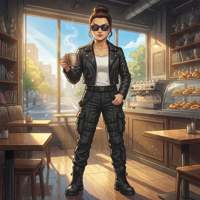 A woman with sunglasses, a leather jacket, cargo pants, and combat boots holds a steaming coffee cup inside a cozy café, standing confidently near the pastry display and espresso machine. The image pairs perfectly with the "Gm everyone, Have a Nice Day Guys" post, capturing a relaxed yet bold morning vibe.