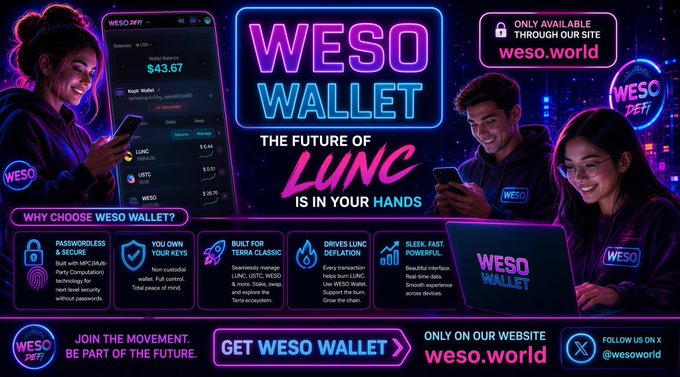 A promotional banner for 'WESO WALLET' with neon pink and blue styling, featuring the tagline 'THE FUTURE OF LUNC IS IN YOUR HANDS' and website weso.world. It highlights features like passwordless security, ownership of keys, Terra Classic support, and fast transactions.