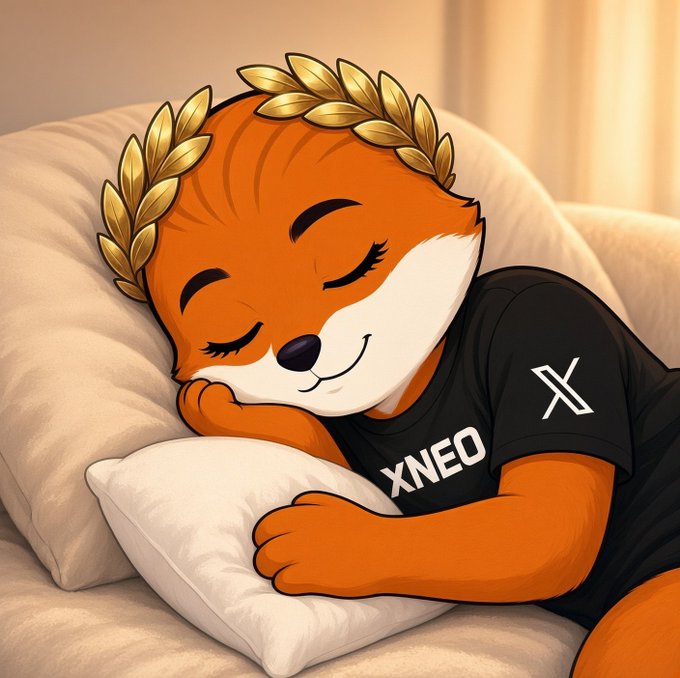 An illustrated cartoon fox character wearing a golden laurel wreath and a black t-shirt with 'XNEO' and an X logo, peacefully sleeping while hugging a white pillow.