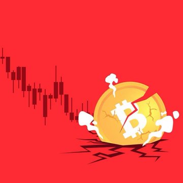 The main focus of the image is a broken bitcoin symbol sitting on its side on the red background. The word "BTC" is clearly visible and says " Bitcoins". This indicates that Bitcoin has crashed or experienced some significant issues, which are being discussed by traders who predict its value dropping to as low as $47,000 this year. These events have been referred to as a "bitcoin apocalypse", as if Bitcoin itself was literally destroyed in the image.