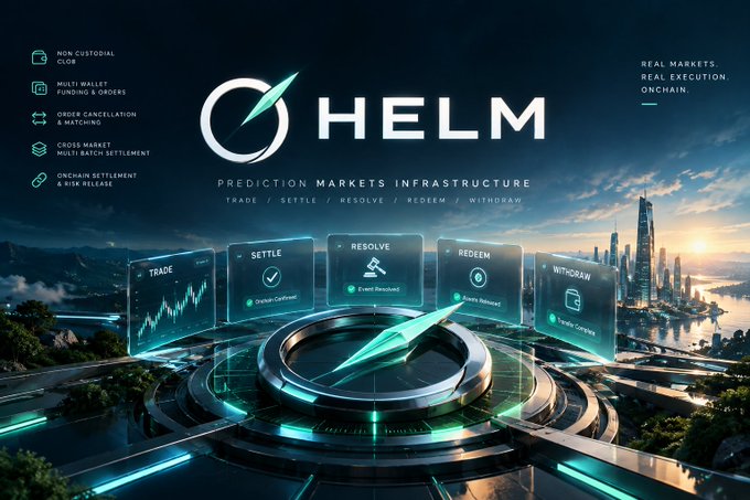 Promotional banner for HELM, a 'Prediction Markets Infrastructure' platform featuring non-custodial CLOB, multi-wallet funding, order cancellation & matching, cross-market multi-batch settlement, and onchain settlement, with a futuristic cityscape background and workflow stages: Trade, Settle, Resolve, Redeem, Withdraw.
