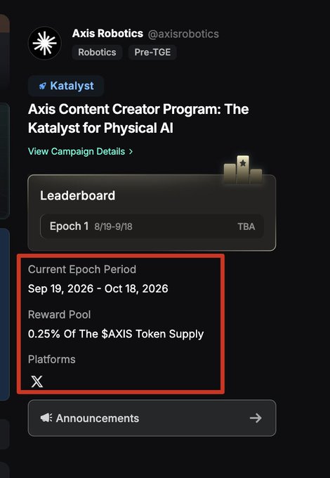 A Twitter/X profile page for Axis Robotics (@axisrobotics) promoting their Content Creator Program 'The Katalyst for Physical AI,' with a red box highlighting details about the Epoch period from Sep 19 to Oct 18, 2026.